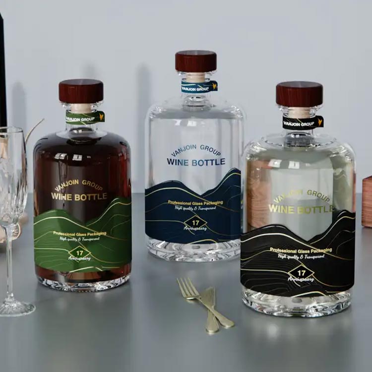 Custom 500ml 700ml 750ml sake rum tequila brandy round empty glass gin bottles with cork tops