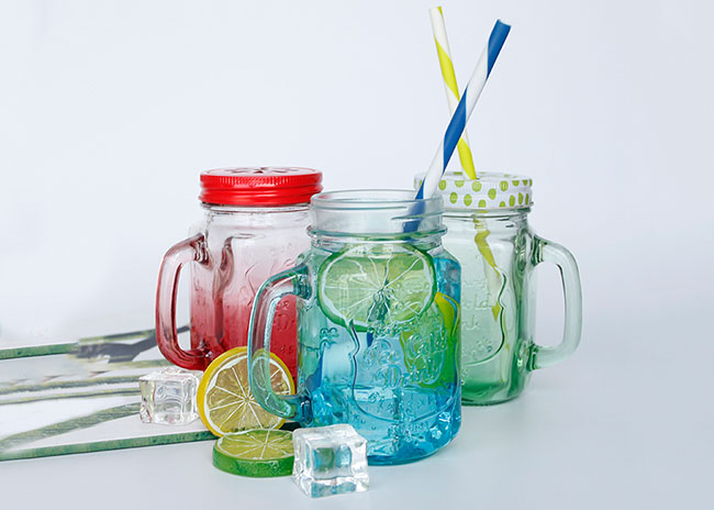 Clear square glass mason jar cups with lids and straws from china manufacurer