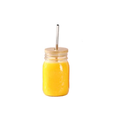 Clear 16oz glass smoothie jar with bamboo lid and straw