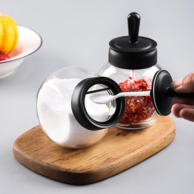 Unique design moisture proof elegant clear 12oz glass salt jar with spoon for kitchen condiment