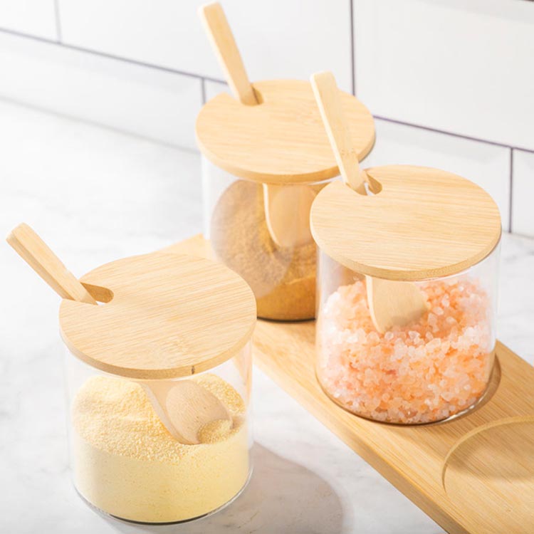 Stylish simple 300ml condiment storage set glass seasoning jars with spoons and bamboo lids