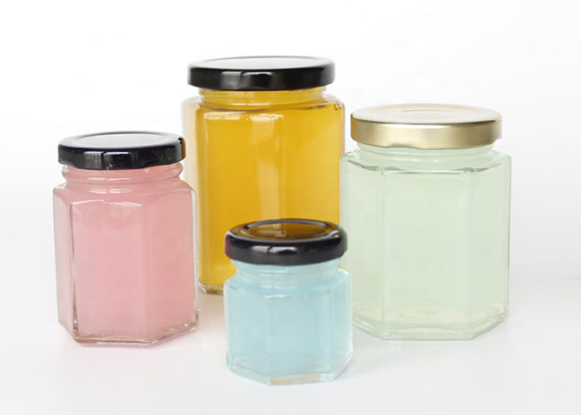 Food grade hexagon glass jars bulk, jam / pudding jar with screw metal lid