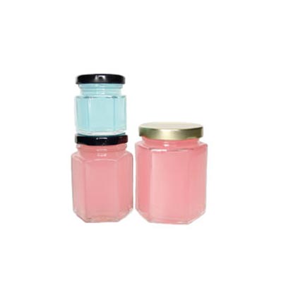 Food grade hexagon glass jars bulk, jam / pudding jar with screw metal lid