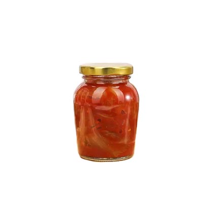 Wide mouth small glass pickle serving jar with gold lid for canning pickles
