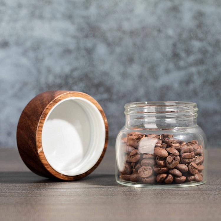 High borosilicate wide mouth small 100ml round glass jar with wooden screw lid