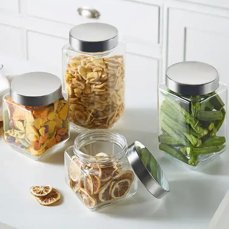 Food storage empty clear square 2200ml large glass organization jars with metal lid