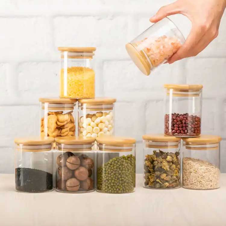 Custom size and label clear 16oz glass canisters with wood lids for pantry
