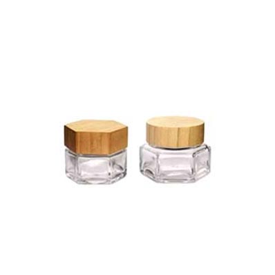 Custom shapes and size clear 30g glass eye cream jars with bamboo lids for toiletry