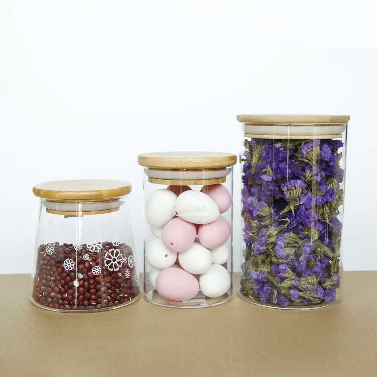 Airtight clear glass kitchen jars with bamboo lids for supplier direct