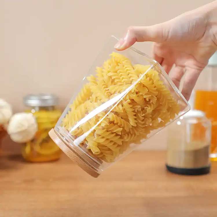 Unique design clear conical 800ml glass food storage jar with bamboo lid