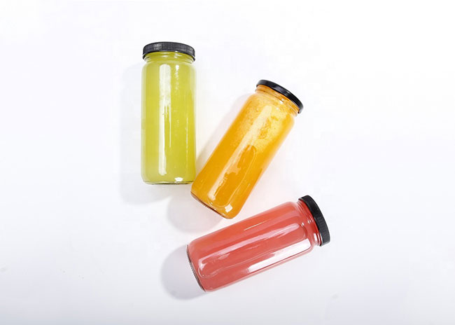 Large clear 480ml cylinder glass juice jars with lids for fruit juice storage