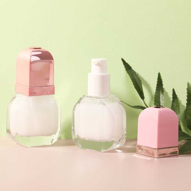 New design clear travel size 30ml glass toiletry bottles with pink caps bulk