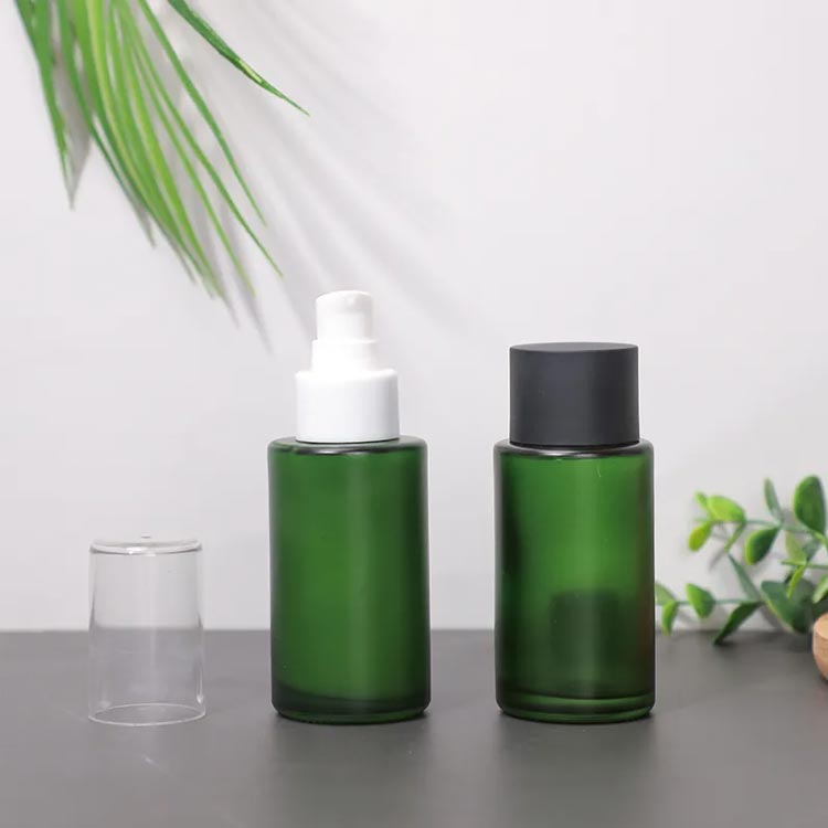 Wholesale 60ml frosted green glass toner pump bottle for skincare
