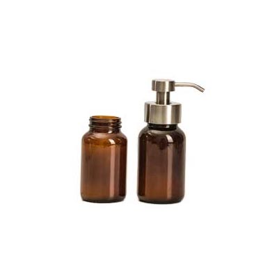 Refillable 250ml amber glass soap bottles with matte silver stainless steel pump from lotion bottle 