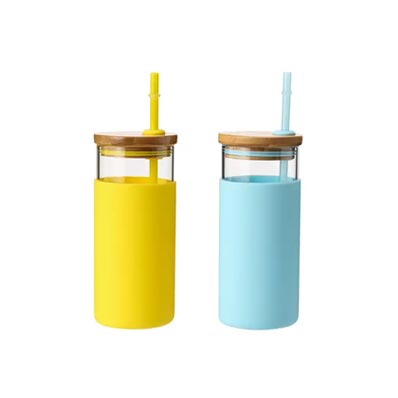 Cylinder 500ml 600ml 750ml glass tumbler bottle with bamboo lid and straw for juice/water/smoothie