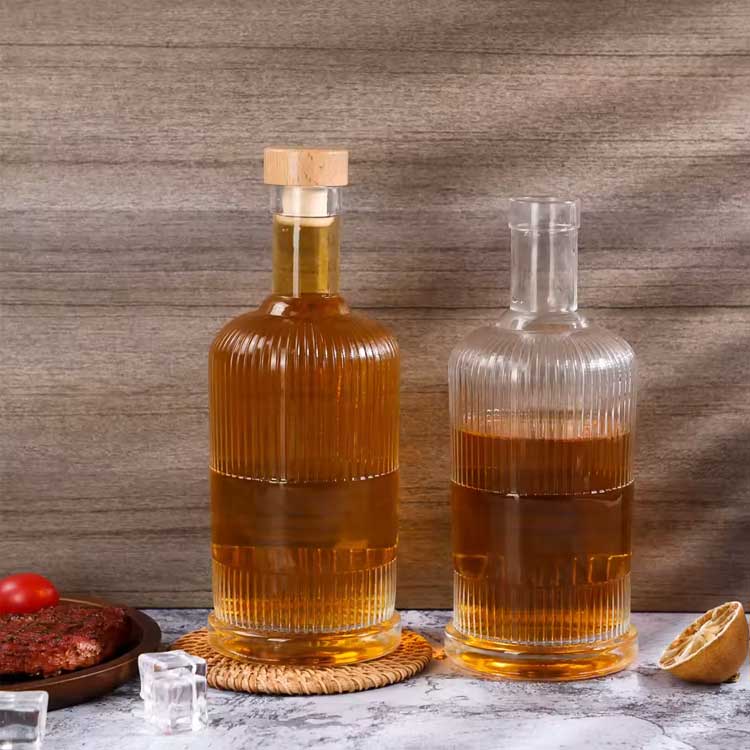 Empty flat bottom cork finish ribbed 750ml glass bottles with corks for liquor