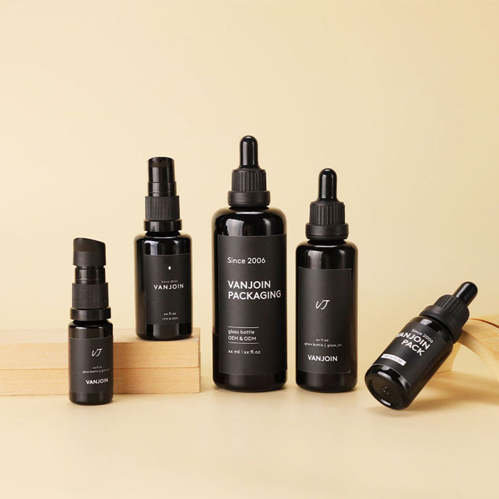 Custom Black Glass Essential Oil Bottle With Dropper & Lotion Pump for Facial Serum Cosmetic Skincare Glass Packaging