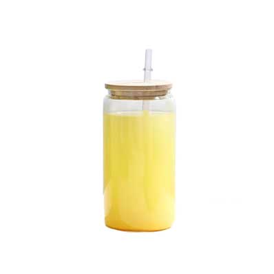 Custom clear reusable 16oz glass boba tea cups glass cans with bamboo lids and straws for juice