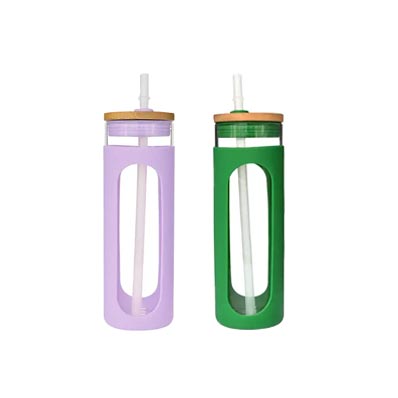 Wholesale crystal 600ml resuable glass bubble tea bottle with wooden lid and straw