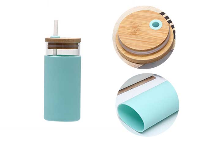 Cylinder 500ml 600ml 750ml glass tumbler bottle with bamboo lid and straw for juice/water/smoothie