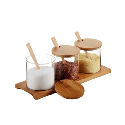 Stylish simple 300ml condiment storage set glass seasoning jars with spoons and bamboo lids