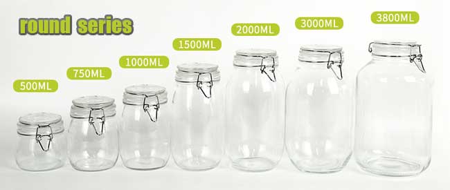 2100ml clear airtight round glass jars with clamp lids for food storage