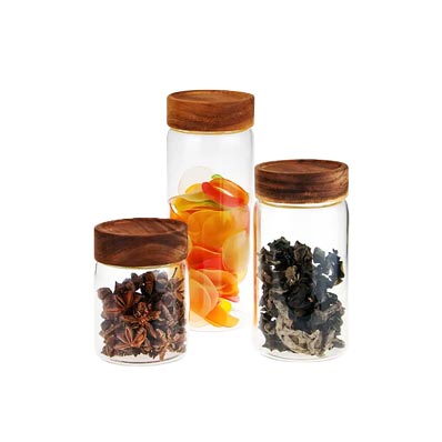 Wholesale airtight clear 350ml food storage glass jar with wooden lid for kitchen