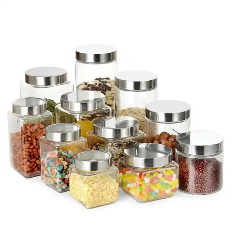 Food storage empty clear square 2200ml large glass organization jars with metal lid