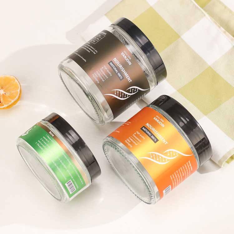Wholesale glass vitamin jar with lid, custom empty round glass jar for pill capsules gummies cream spice powder