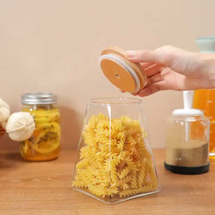 Unique design clear conical 800ml glass food storage jar with bamboo lid