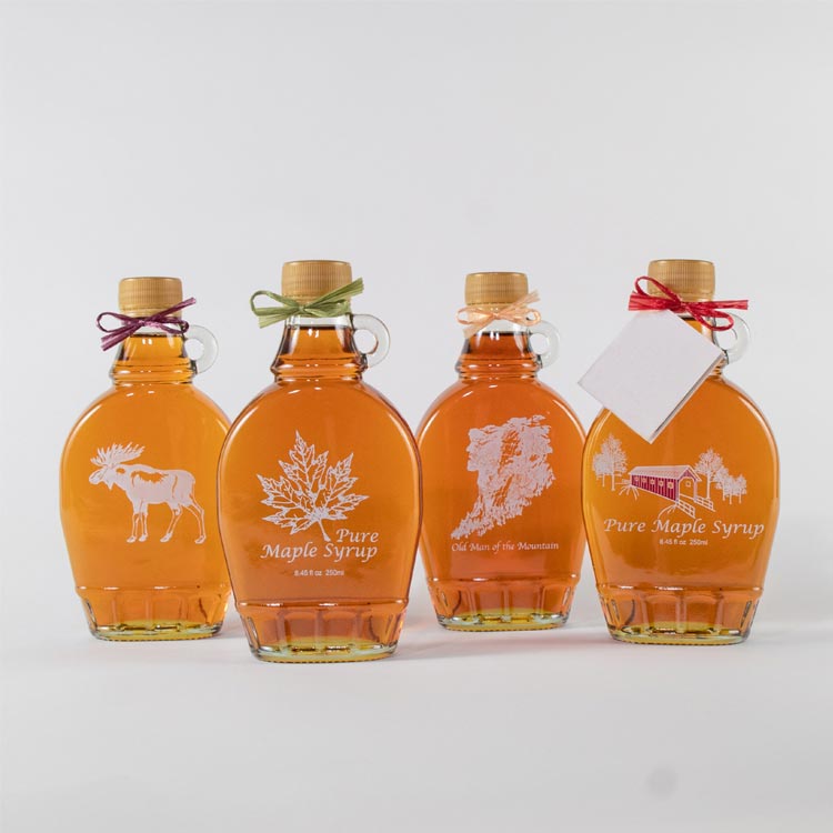 Custom 8oz 16oz clear glass maple syrup bottles with loop handle and lids