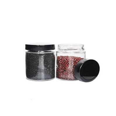 Hot selling 314ml small glass food storage jars with black caps